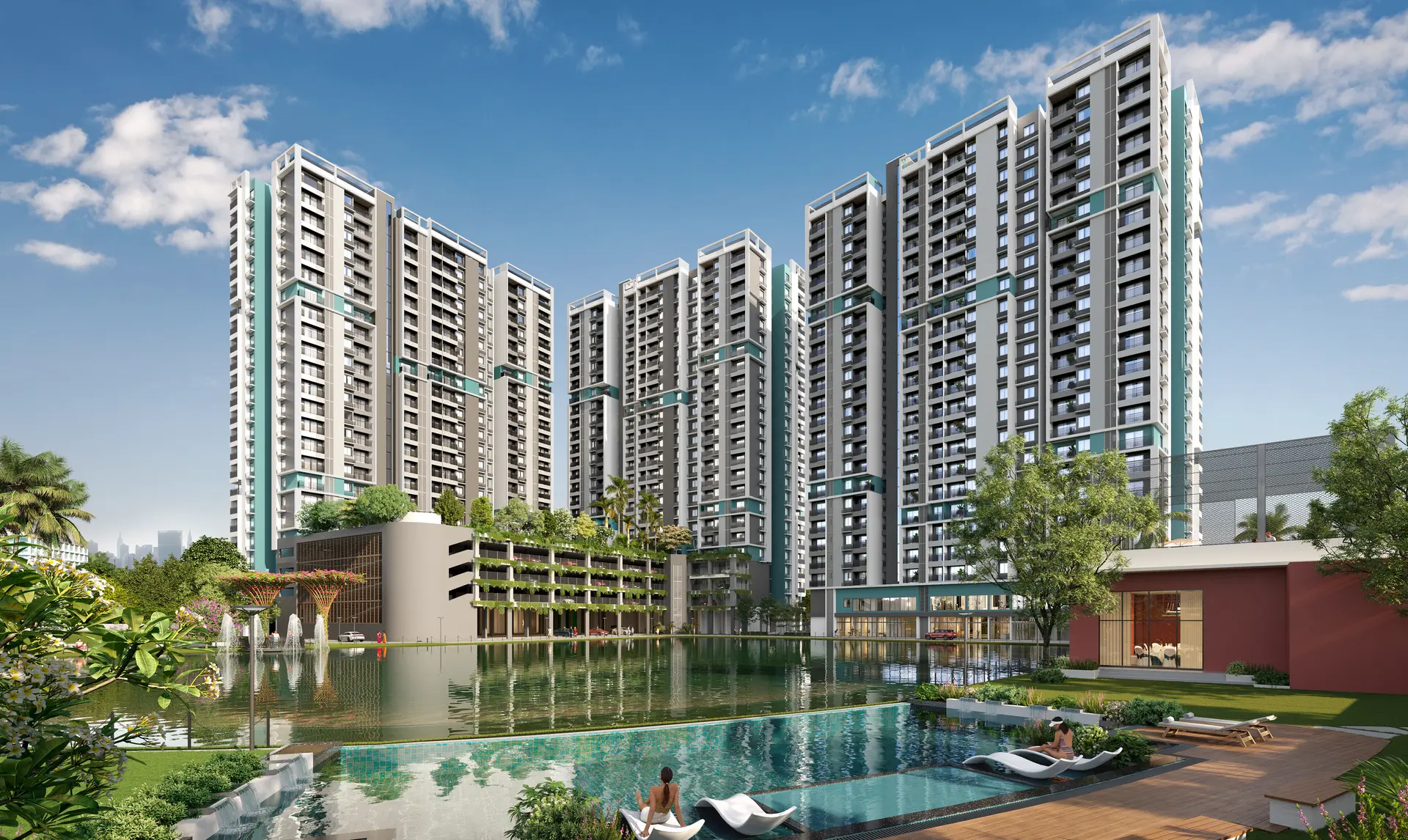 DTC Still Waters luxury residential towers with infinity pool and landscaped waterbody, New Town Kolkata
