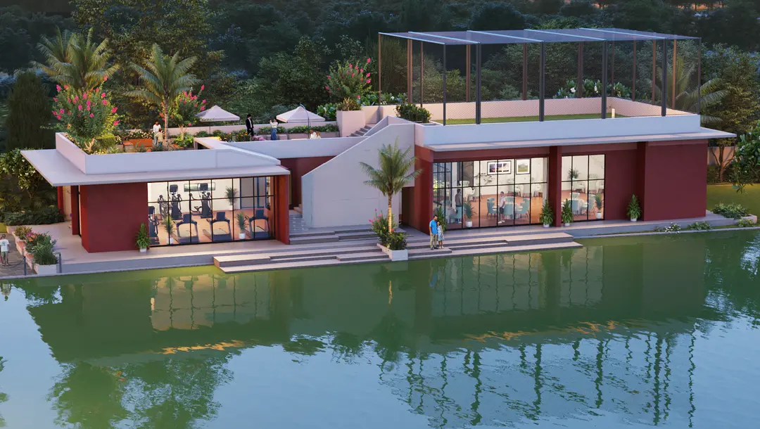DTC Still Waters island clubhouse aerial view with sports court