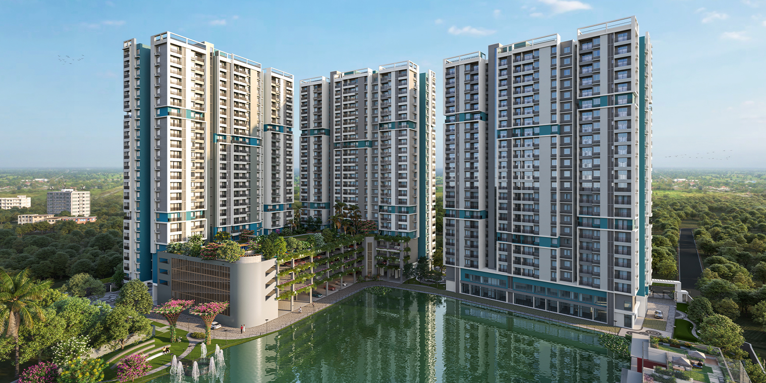 DTC Still Waters tower elevation – day view with garden and waterbody