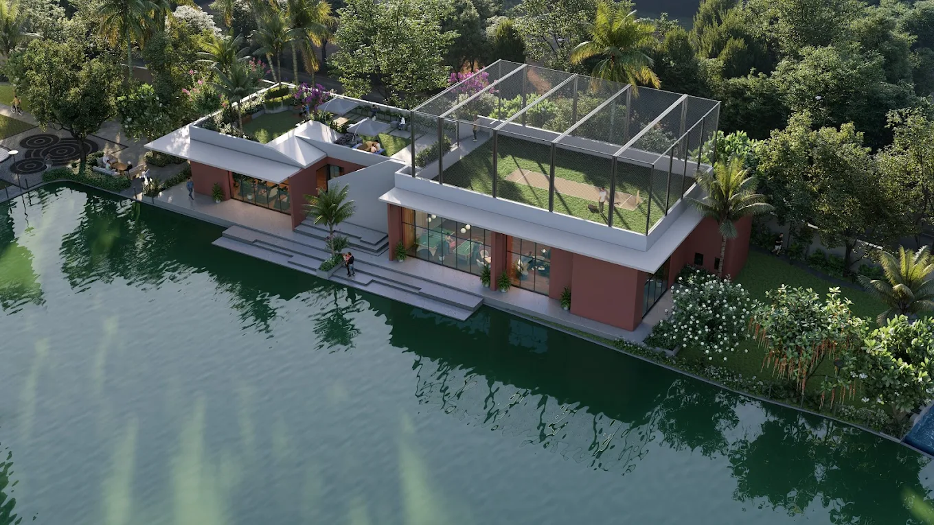DTC Still Waters island clubhouse reflecting in still waters